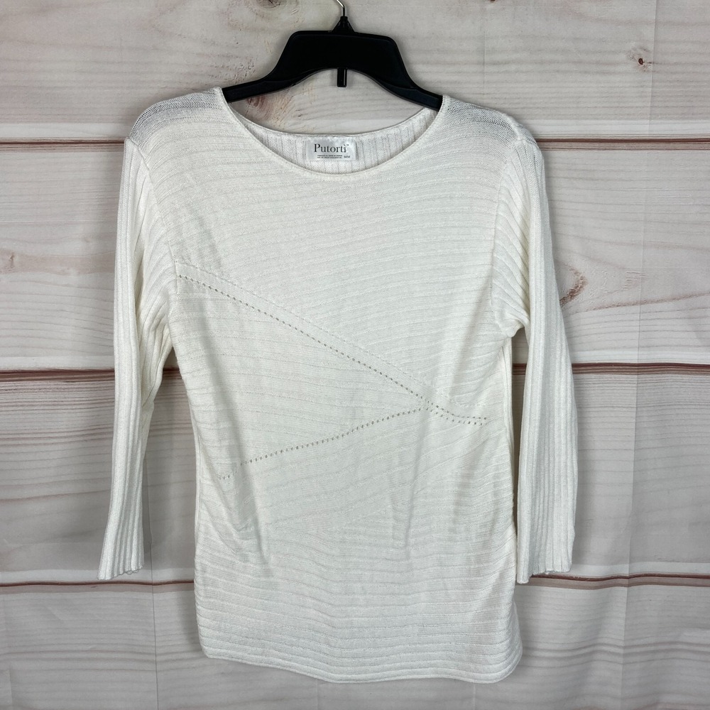 Putorti Sweater Womens Medium White 3/4 Sleeve Boat Neck Pullover Textured Knit